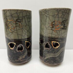 2 Vtg Obori Soma Japan Somayaki Tall Tea Mugs Two Tone Crackle Glaze Double Wall